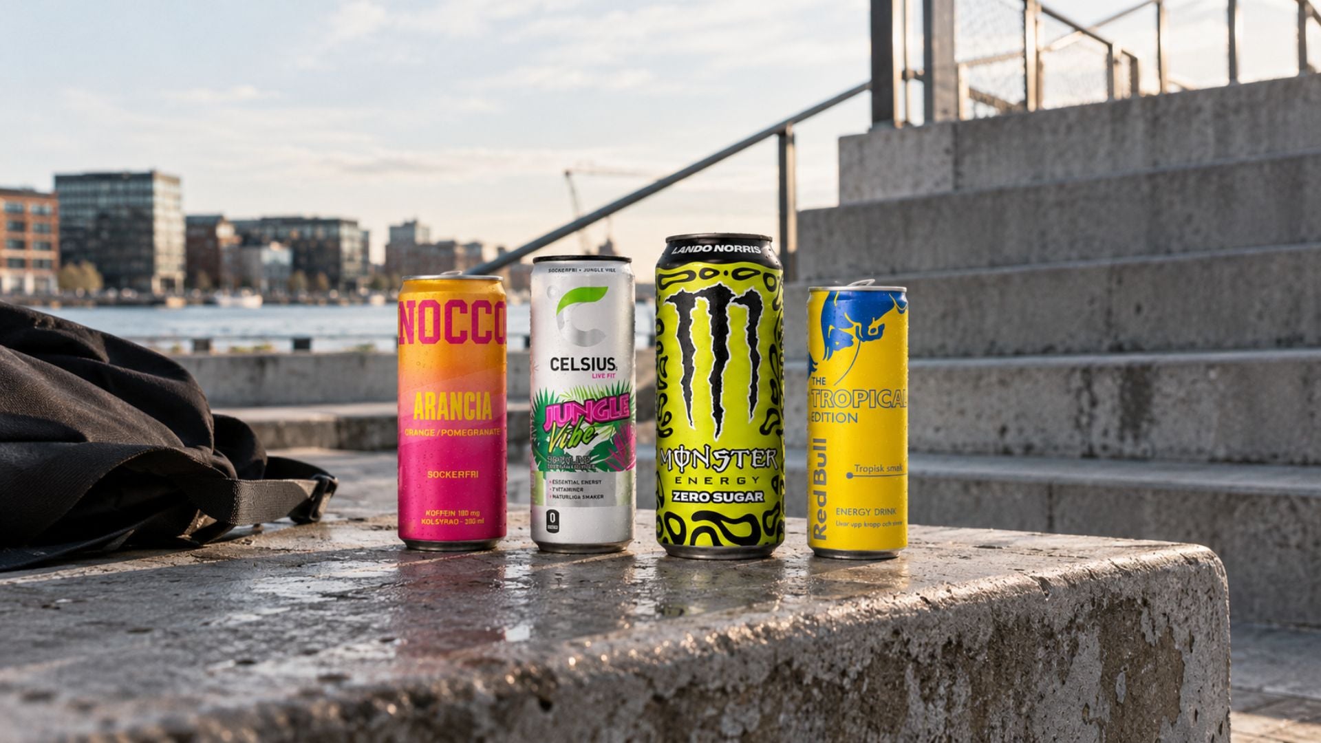 Energy drinks from NOCCO, Celsius, Monster and Red Bull