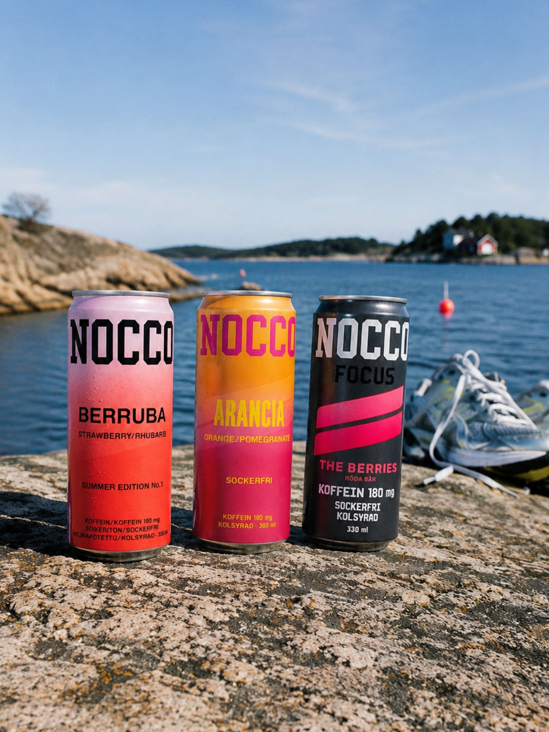 Three Nocco energy drinks with water and shoes nearby.